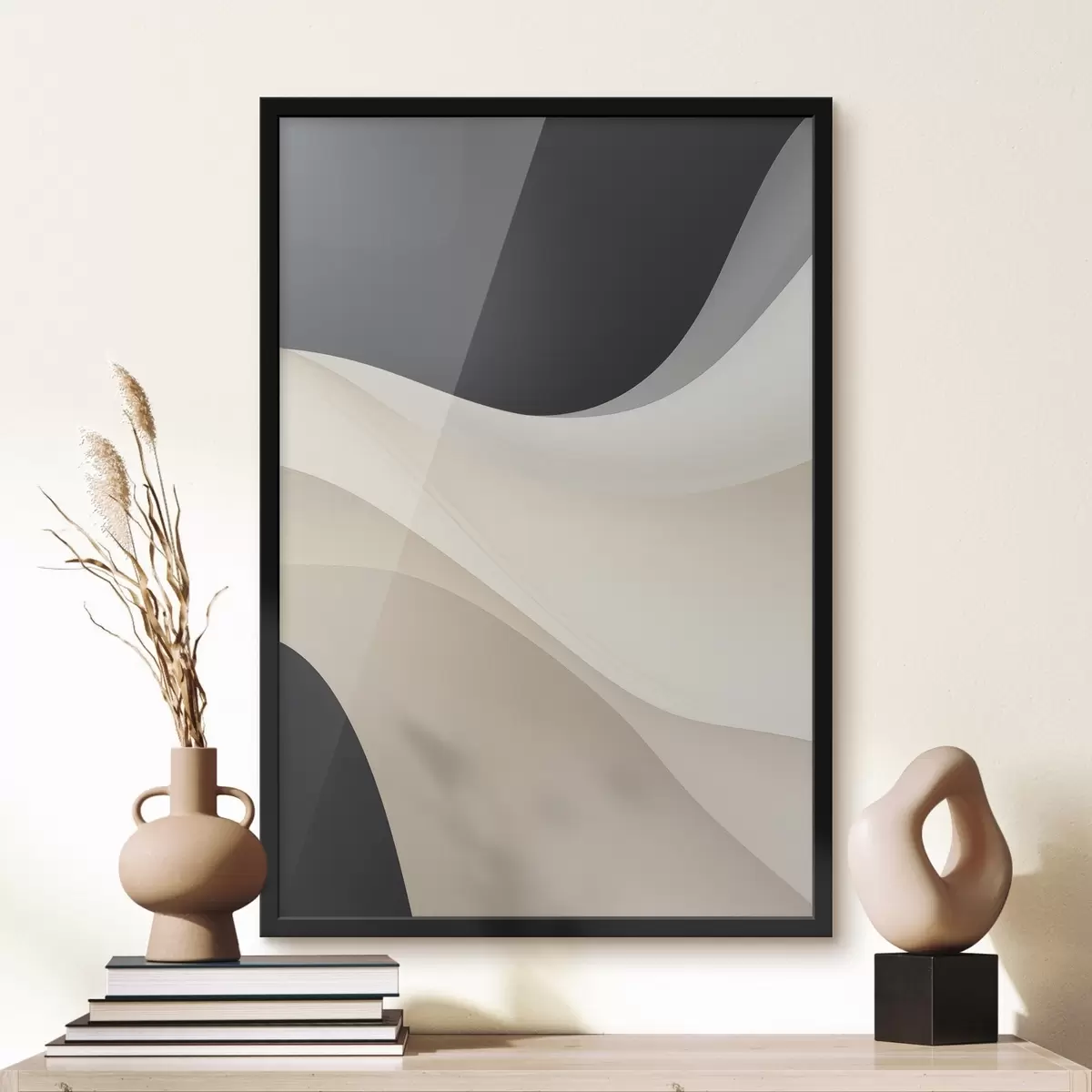 Plagáty Vrstvené plynulé krivky v čiernej, smotanovej a šedej farbe f46492
