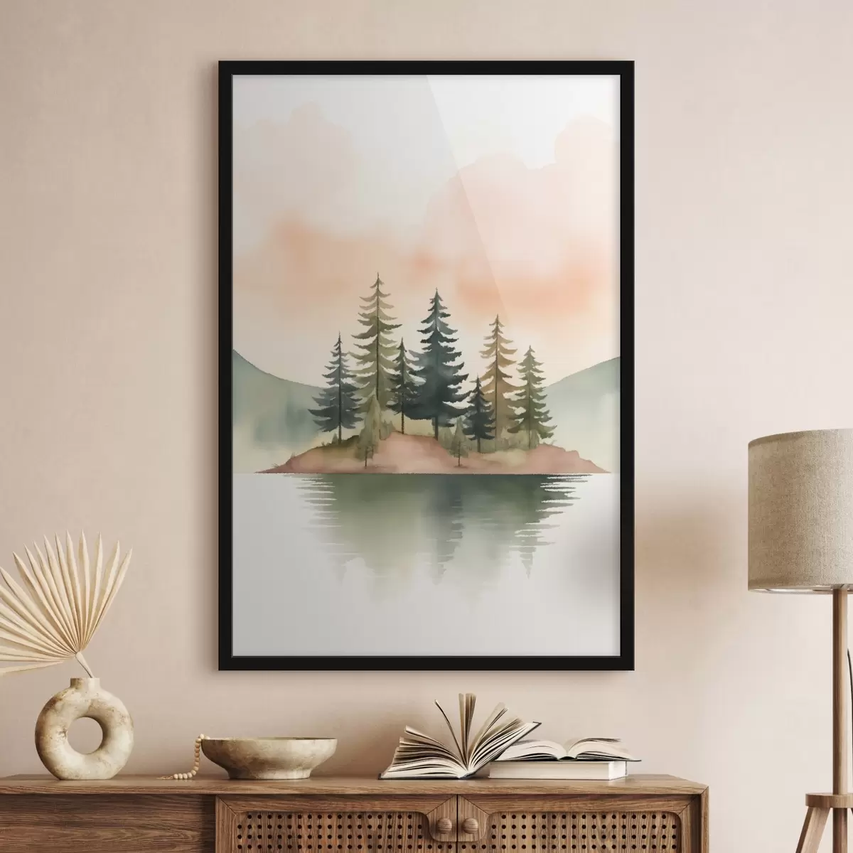 Plagáty Akvarelové borovice na hmlistom ostrovčeku, jemná broskyňová obloha f46505