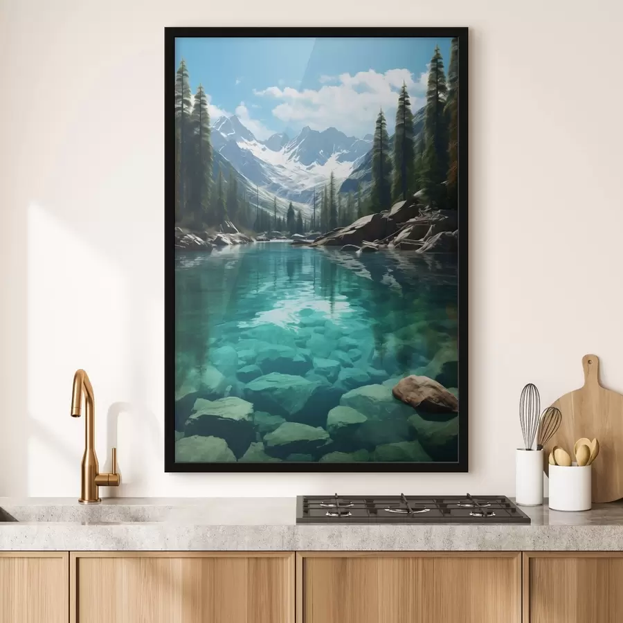 Fototapety Čistá alpská rieka so skalnatým dnom a zasneženými vrcholkami f46514