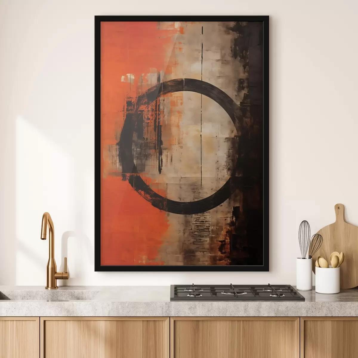 Plagáty Abstraktný obraz s veľkým čiernym kruhom a teplými textúrami f46528