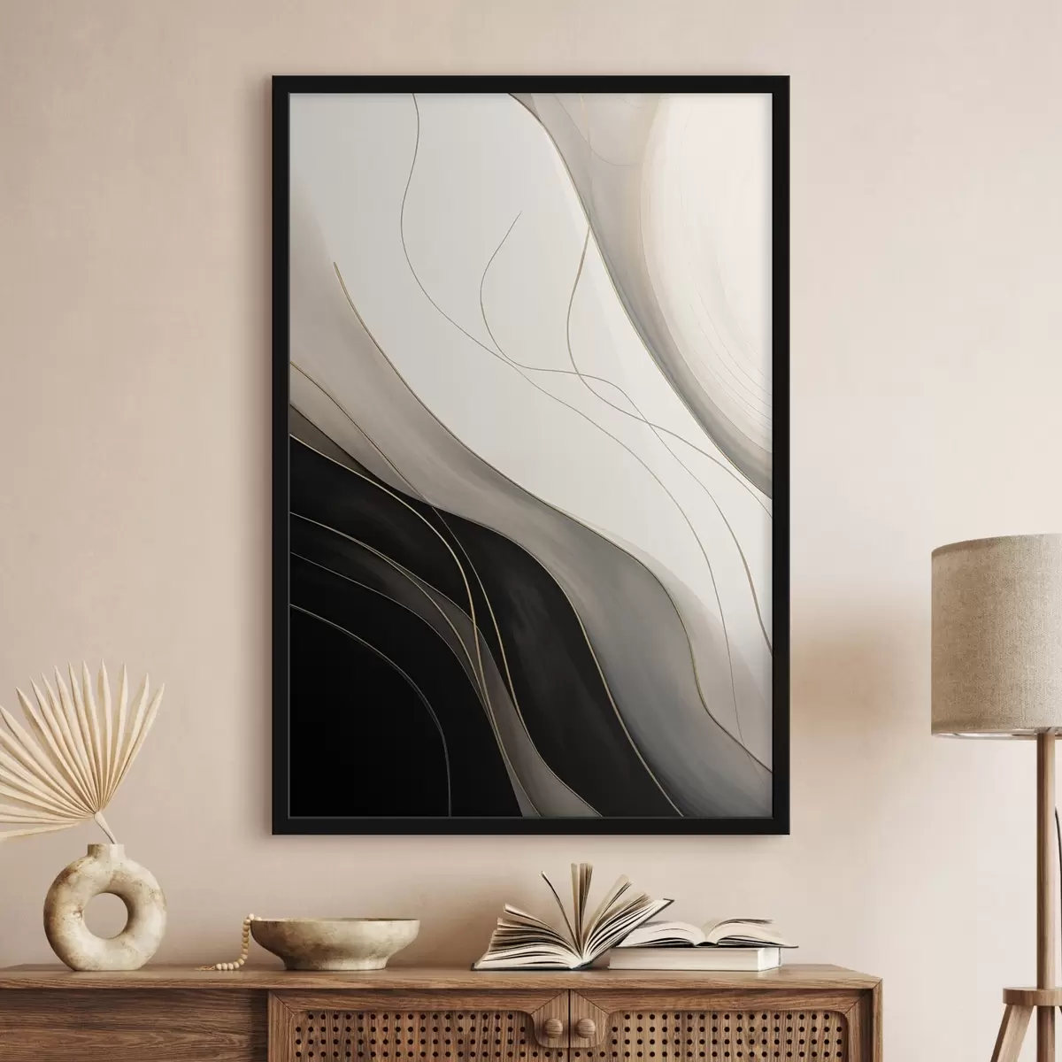 Plagáty Vlny v čiernej a béžovej farbe s jemnými okrovými čiarami f46541