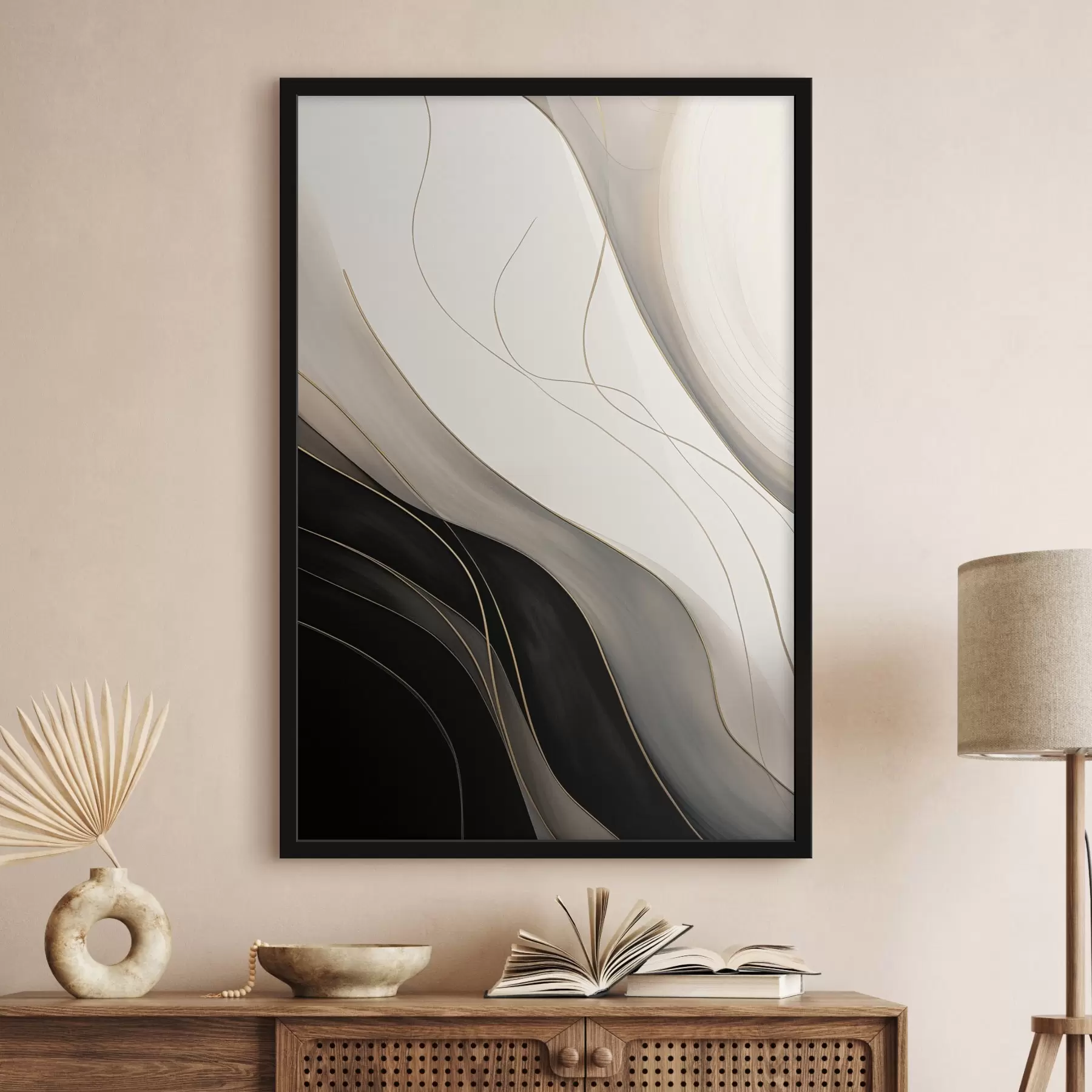 Fototapety Vlny v čiernej a béžovej farbe s jemnými okrovými čiarami f46541