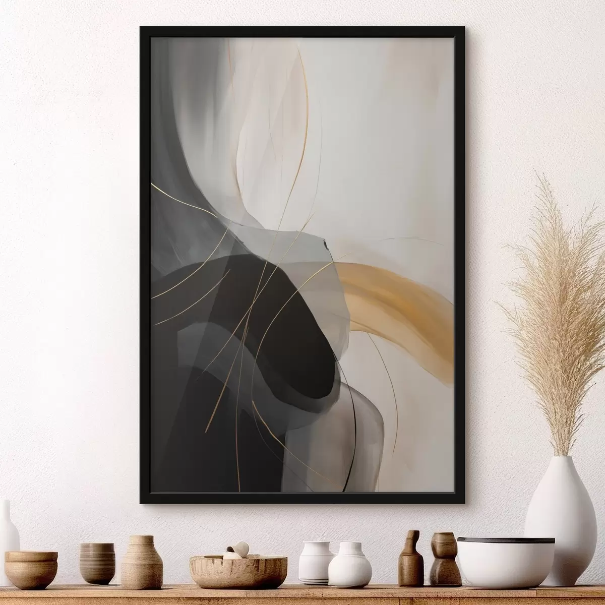 Plagáty Mäkké krivky v čiernej a béžovej farbe s teplým akcentom f46542