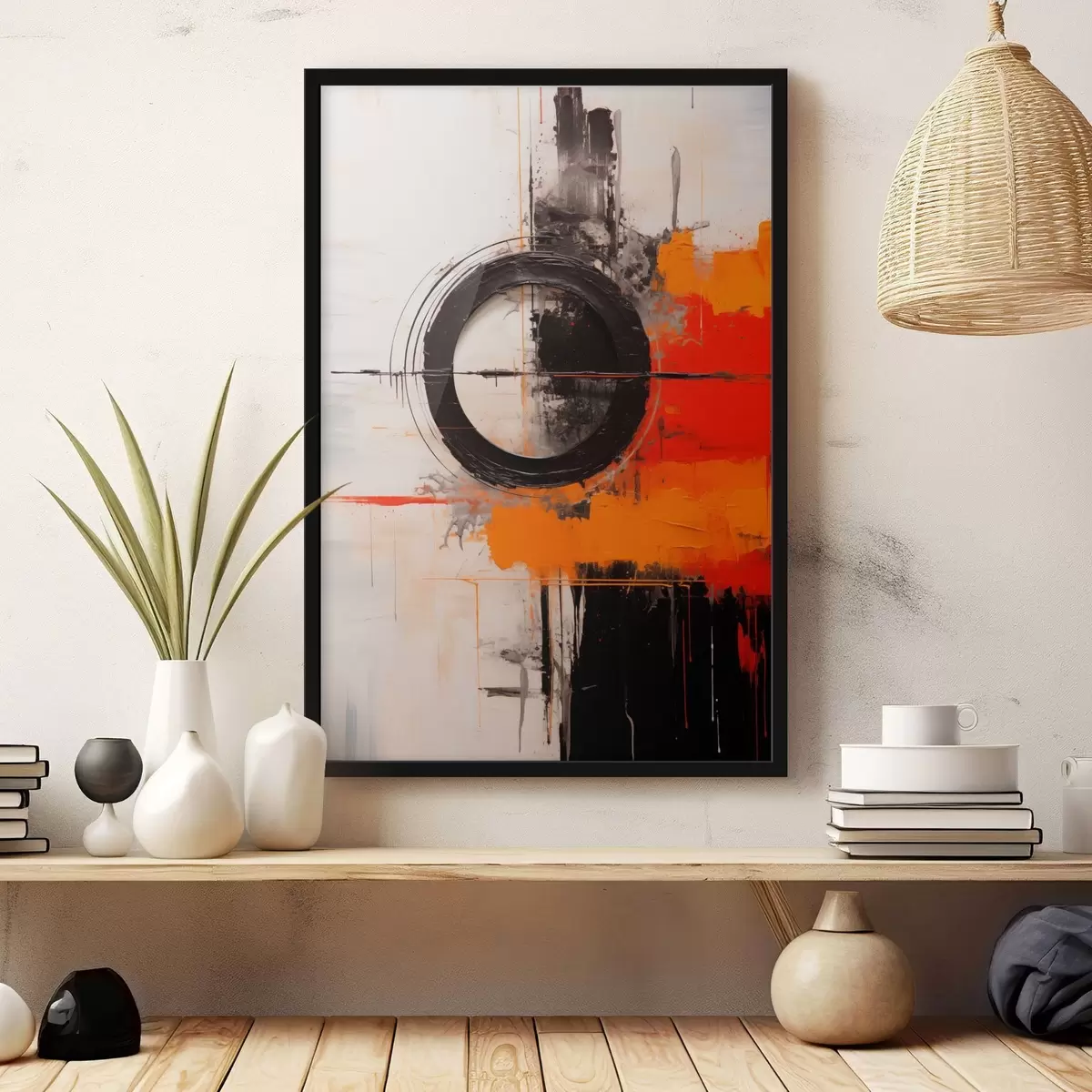 Plagáty Čierny kruh na bielom pozadí, oranžové ťahy a škvrny f46549