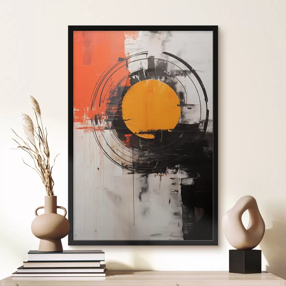 Plagáty Oranžový disk v čiernom kruhu, ťahy a škvrny f46550