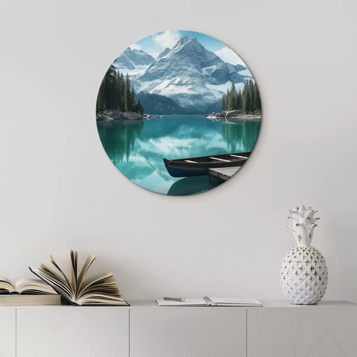 Okrúhle obrazy Alpské jazero s kanoe a zasneženými vrcholmi r46481