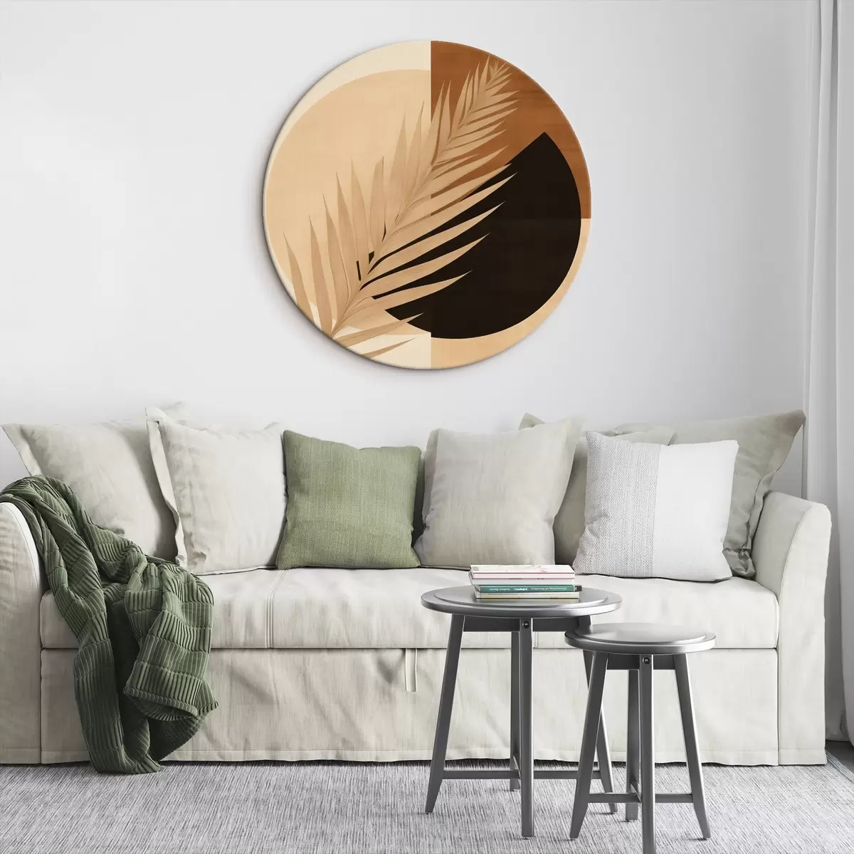 Okrúhle obrazy Palmová listová geometria na terakote a smotanovej farbe r46490
