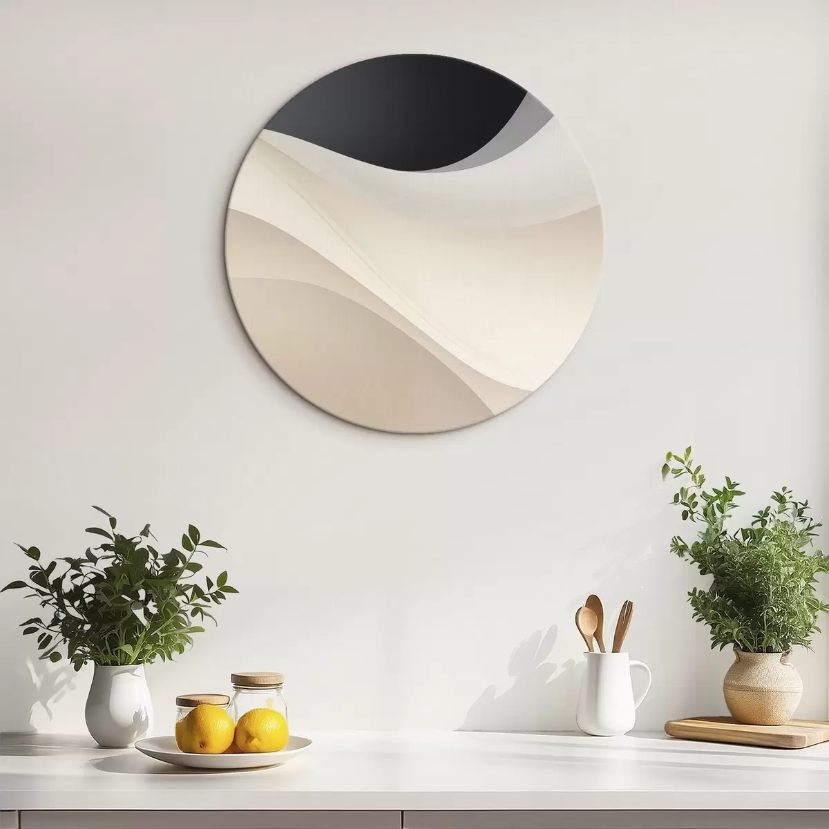 Okrúhle obrazy Vrstvené plynulé krivky v čiernej, smotanovej a šedej farbe r46492