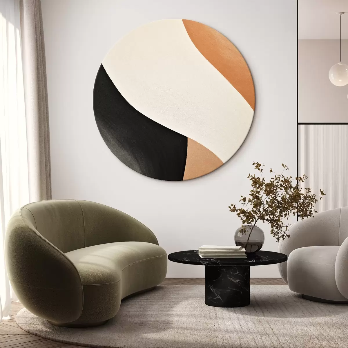 Okrúhle obrazy Výrazná S-krivka v krémovej, čiernej a terakotovej farbe r46495