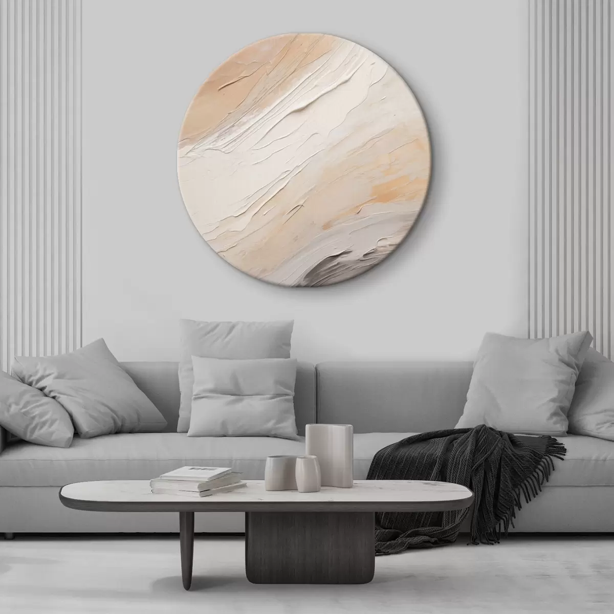 Okrúhle obrazy Textúrovaná omietka v teplých béžových odtieňoch s jemnou šedou farbou r46511