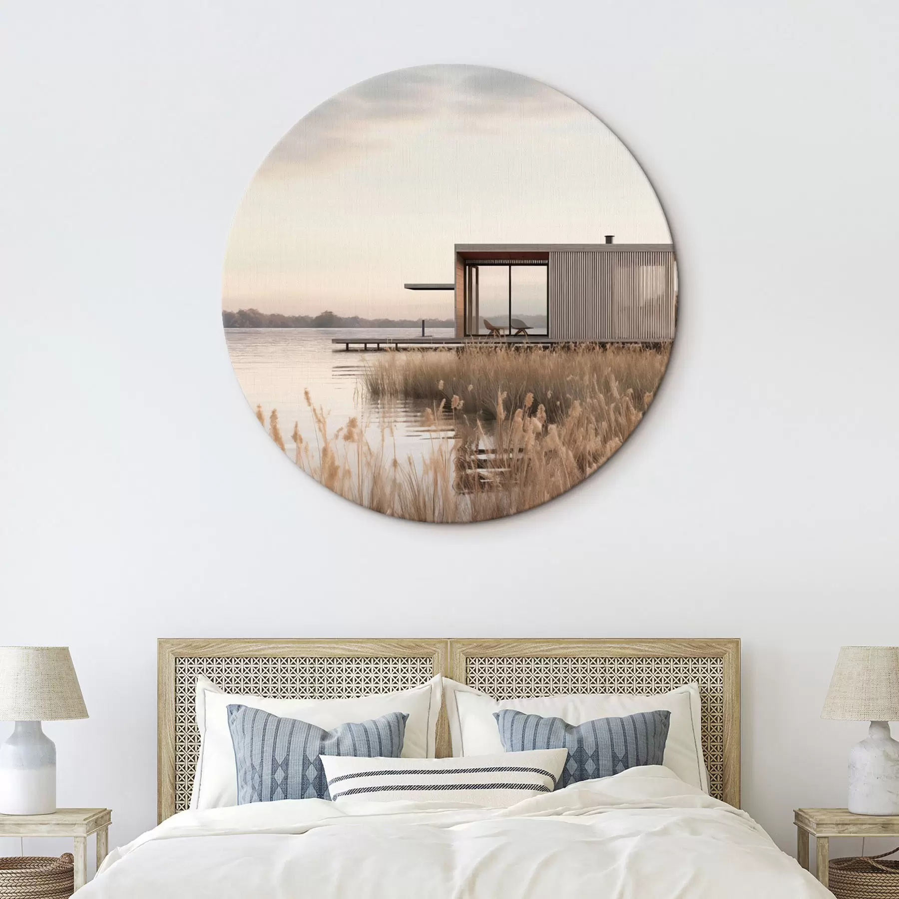 Obraz Moderná chata pri jazere medzi rákosím v jemnom súmraku r46513