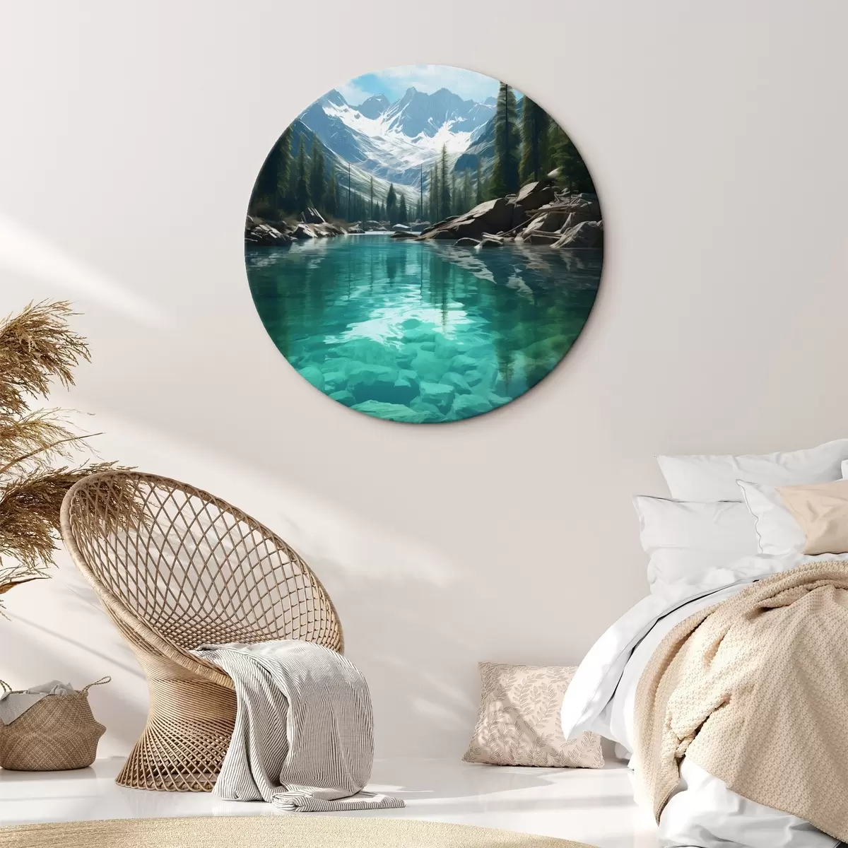 Okrúhle obrazy Čistá alpská rieka so skalnatým dnom a zasneženými vrcholkami r46514