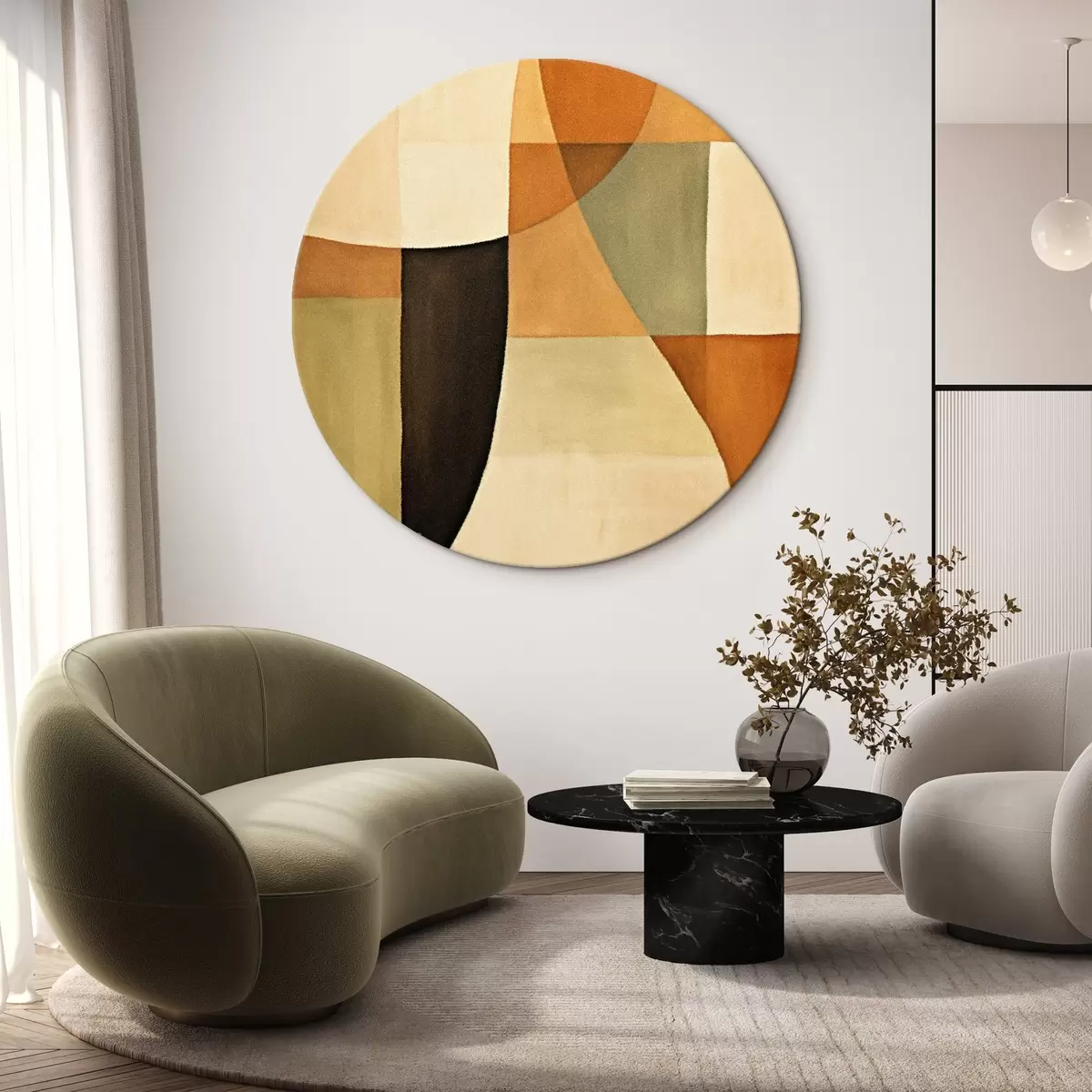 Okrúhle obrazy Mäkké geometrické polia v teplej prírodnej palete r46538