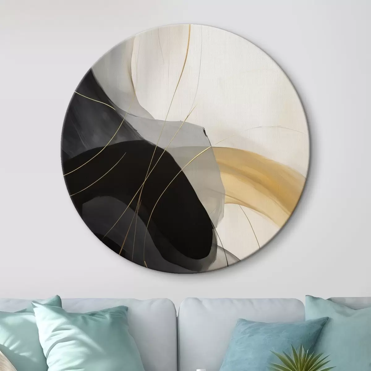 Okrúhle obrazy Mäkké krivky v čiernej a béžovej farbe s teplým akcentom r46542