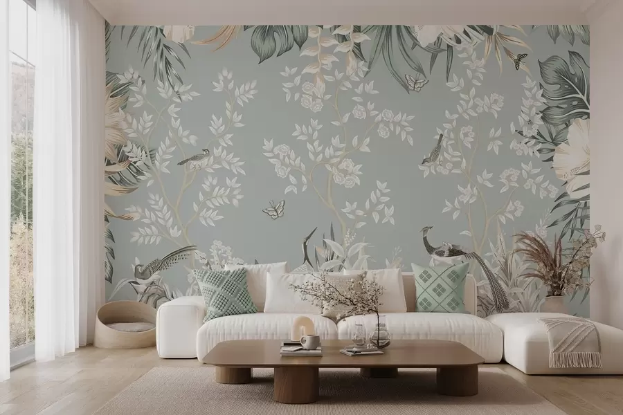 Fototapety Tropické textúrované pastelové umenie s vtákmi, motýľmi, kvetmi ibišteka, palmovými listami a stromami na svetlomodrom pozadí w09528