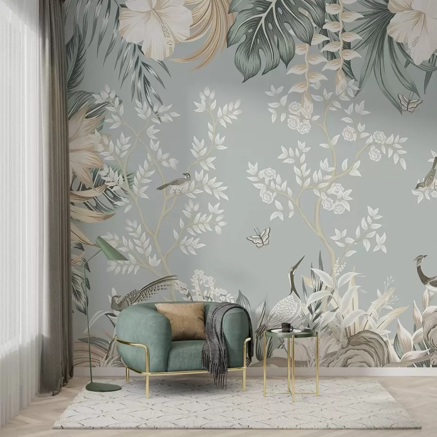 Fototapety Tropické textúrované pastelové umenie s vtákmi, motýľmi, kvetmi ibišteka, palmovými listami a stromami na svetlomodrom pozadí w09528