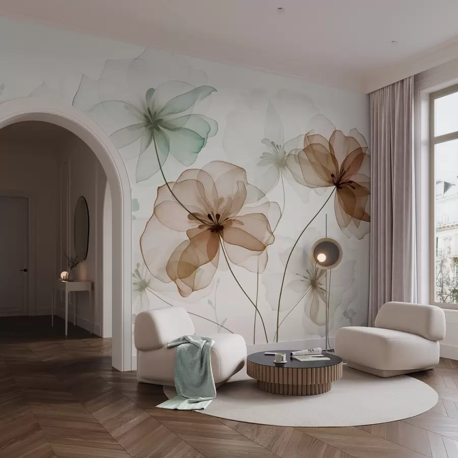 Fototapety Priehľadné kvety s hnedými a zelenými okvetnými lístkami, dlhé stonky, svetlé pozadie, jemné farby, textúrovaný kvetinový vzor w09529