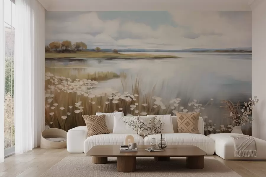 Fototapety Textúrovaná krajina, pole bielych kvetov a vysokej trávy, jazero v pozadí, trávnatý kopec so stromami, jemné farby w09530