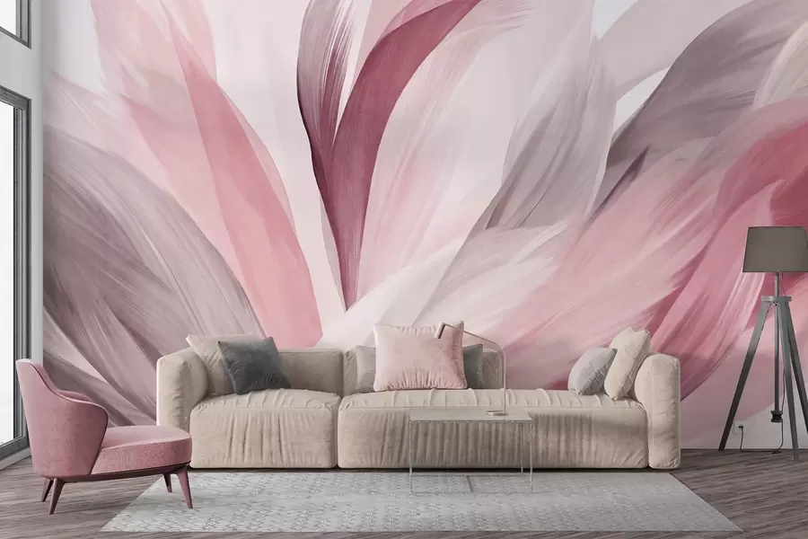 Fototapety Abstraktné textúrované pierka v ružovej, bielej a sivej farbe a rôznych odtieňoch, prekrývajúce sa na bielom pozadí w09531v2