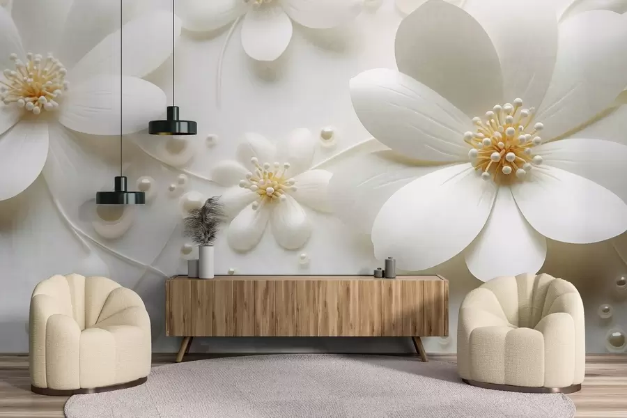 Fototapety Biele kvety s perličkami rozptýlenými na bielom pozadí, elegantný a minimalistický dizajn, textúrovaný w09535