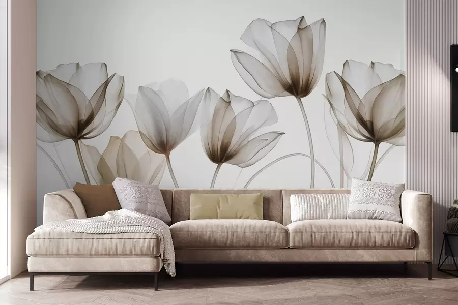 Fototapety Priehľadné hnedé a biele tulipány s dlhými stonkami na svetlom pozadí, jemné a textúrované kvetinové umenie w09538v1