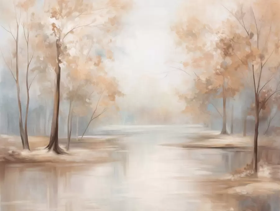 Fototapety Jesenná textúrovaná krajina so stromami a riekou, jemné farby, svetlá a vzdušná atmosféra, pokojná a tichá scéna w09541