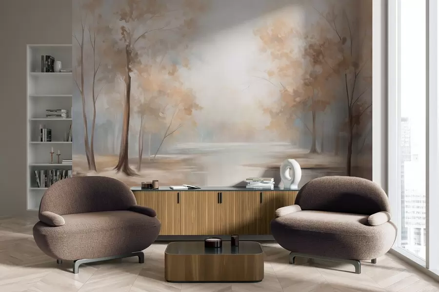 Fototapety Jesenná textúrovaná krajina so stromami a riekou, jemné farby, svetlá a vzdušná atmosféra, pokojná a tichá scéna w09541