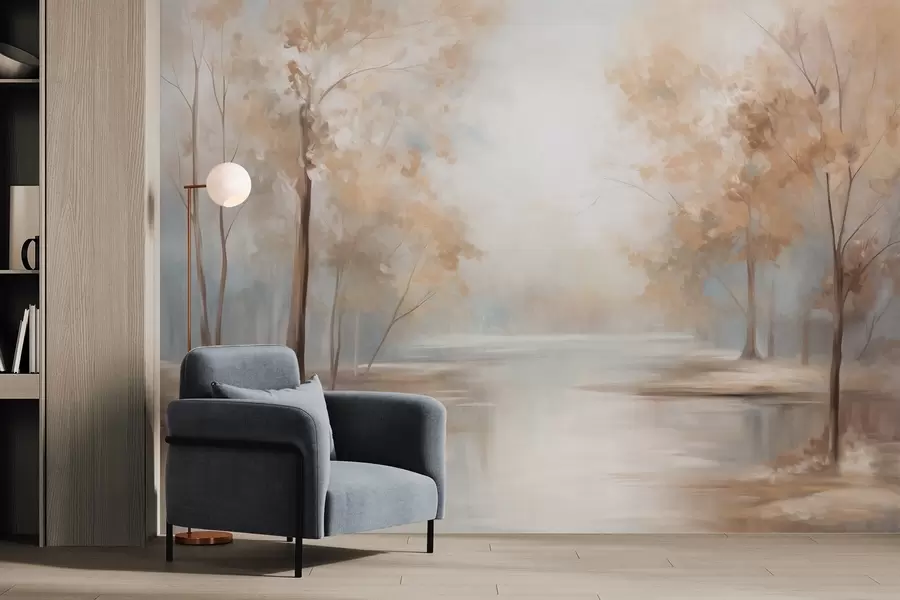 Fototapety Jesenná textúrovaná krajina so stromami a riekou, jemné farby, svetlá a vzdušná atmosféra, pokojná a tichá scéna w09541