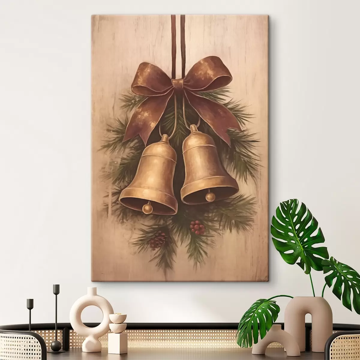 Obraz Vintage vianočná dekorácia s dvoma zvončekmi a mašľou s46626
