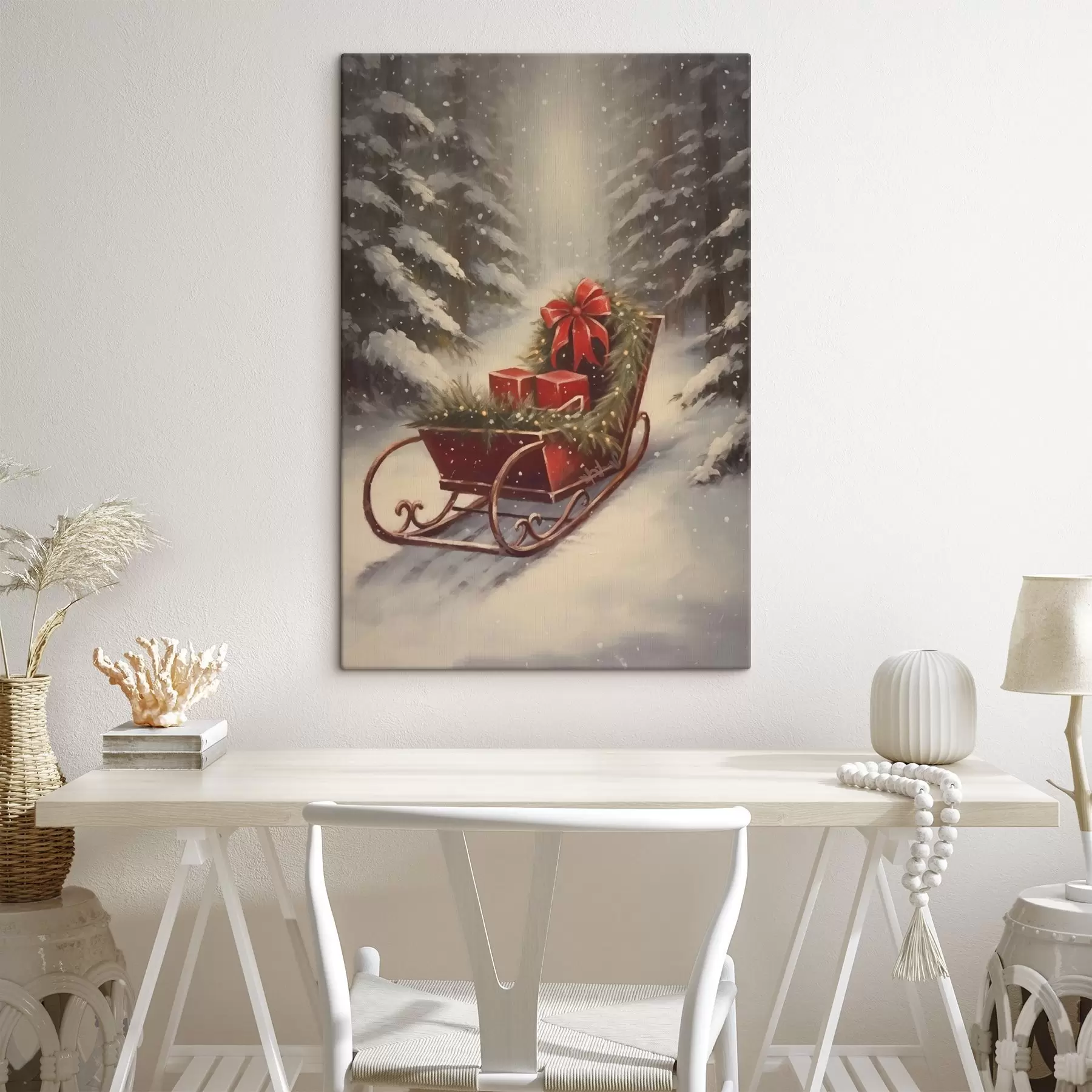 Obraz Vianočné sane s darčekmi v zasneženom lese s46630