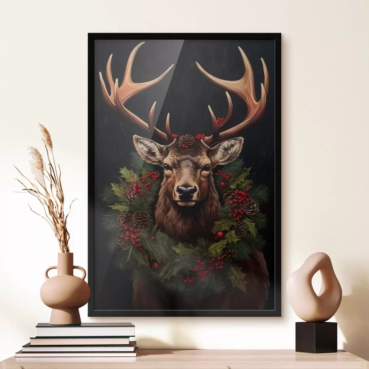 Plagáty Portrét jeleňa s vianočným vencom f46628