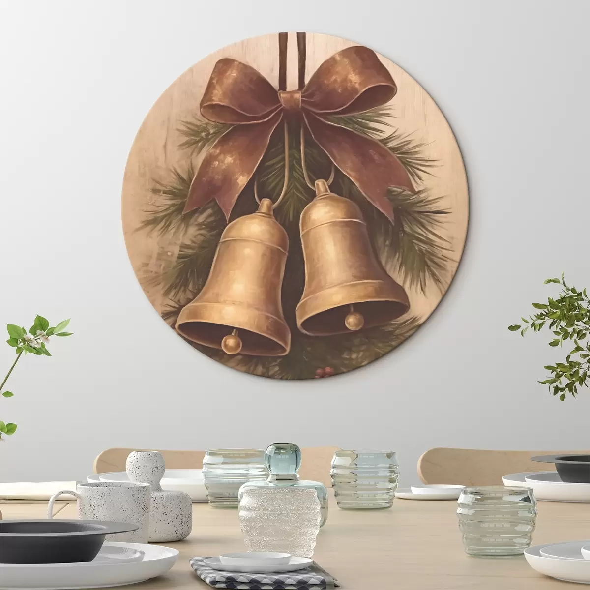 Okrúhle obrazy Vintage vianočná dekorácia s dvoma zvončekmi a mašľou r46626