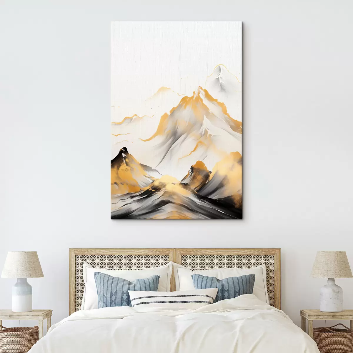 Obraz Textúrované žlté a čierne hory so zasneženými vrcholmi, štýl maľby tušom, minimalistické pohorie s46683