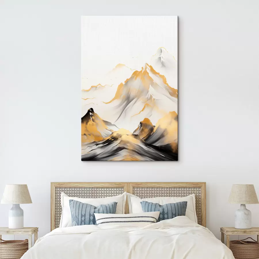 Obraz Textúrované žlté a čierne hory so zasneženými vrcholmi, štýl maľby tušom, minimalistické pohorie s46683