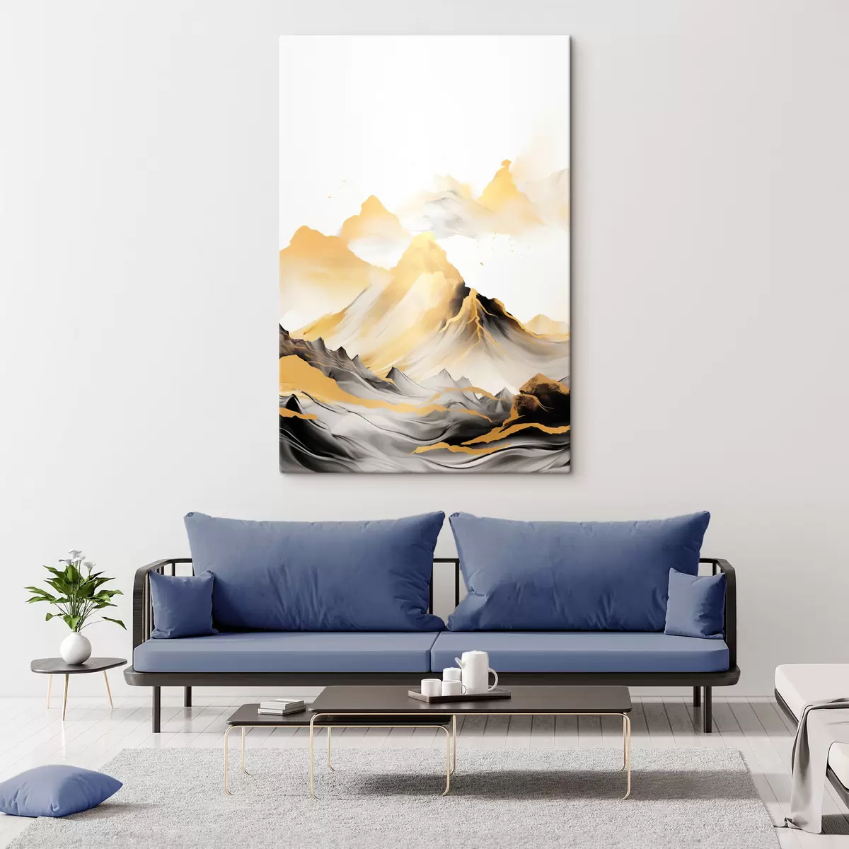 Obraz Textúrované žlté a čierne hory so zasneženými vrcholmi, štýl maľby tušom, minimalistické pohorie s46684