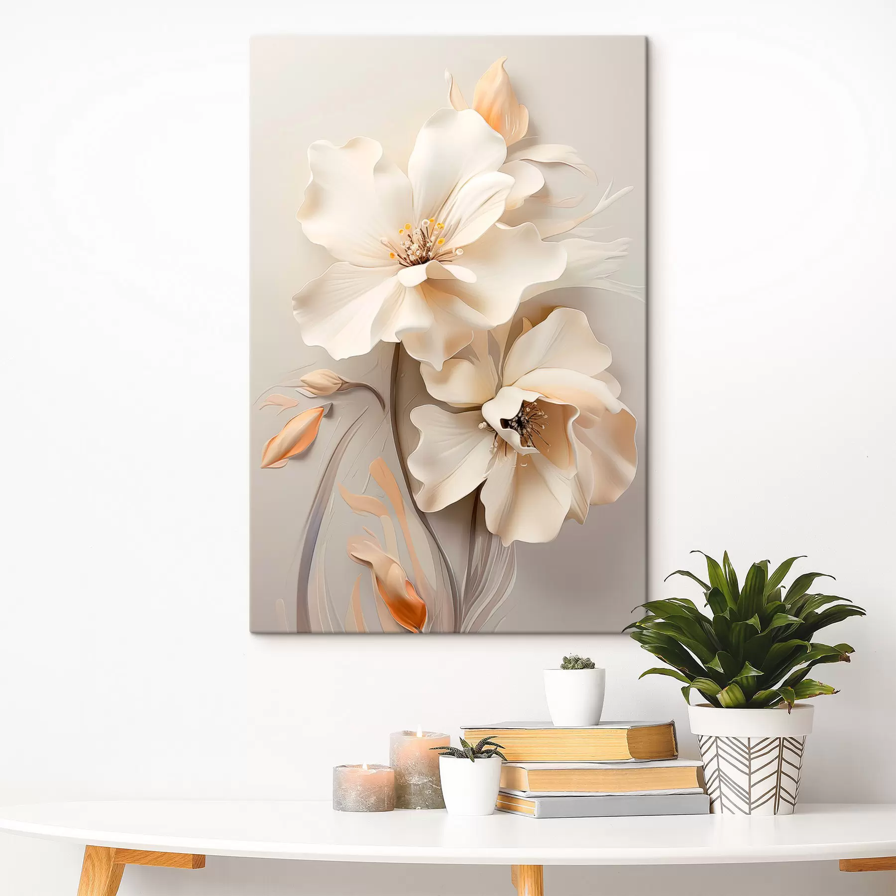Obraz Biele kvety, okvetné lístky s jemnými tieňmi, svetlo béžové pozadie, elegantná kompozícia, minimalistický štýl s46700