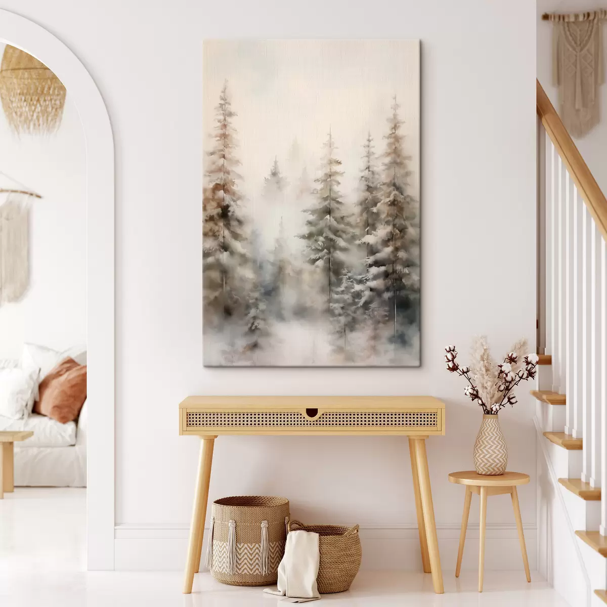 Obraz Vysoké borovice pokryté snehom, stojace v hmlistom lese, jemná, tlmená zimná scéna s46701