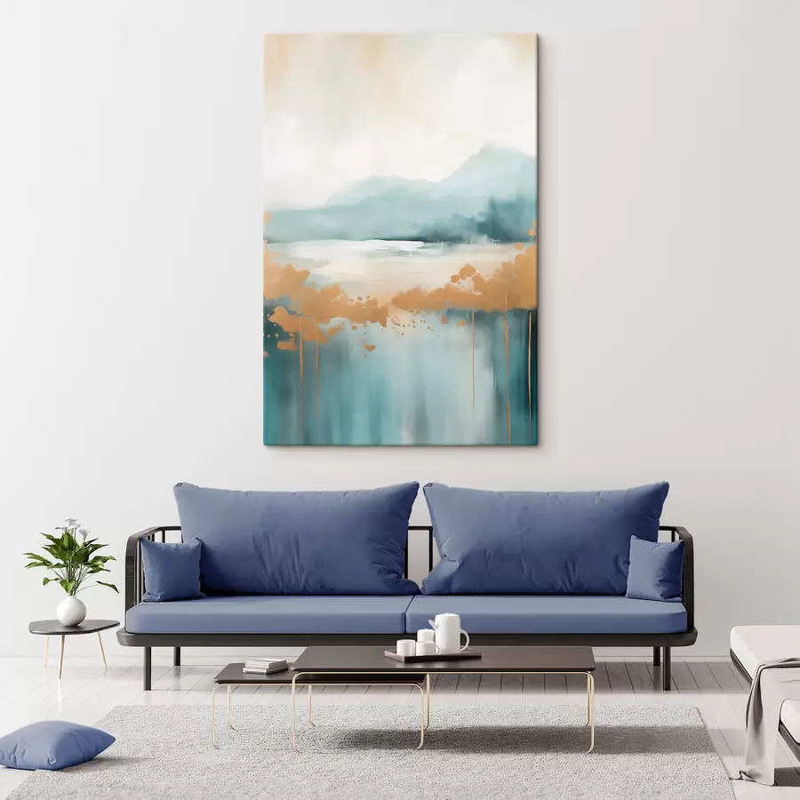 Obraz Abstraktná krajina s horami a jazerom v modrozelenej a textúrovanej žltej farbe, jemné ťahy štetcom, minimalistické umelecké dielo s46703