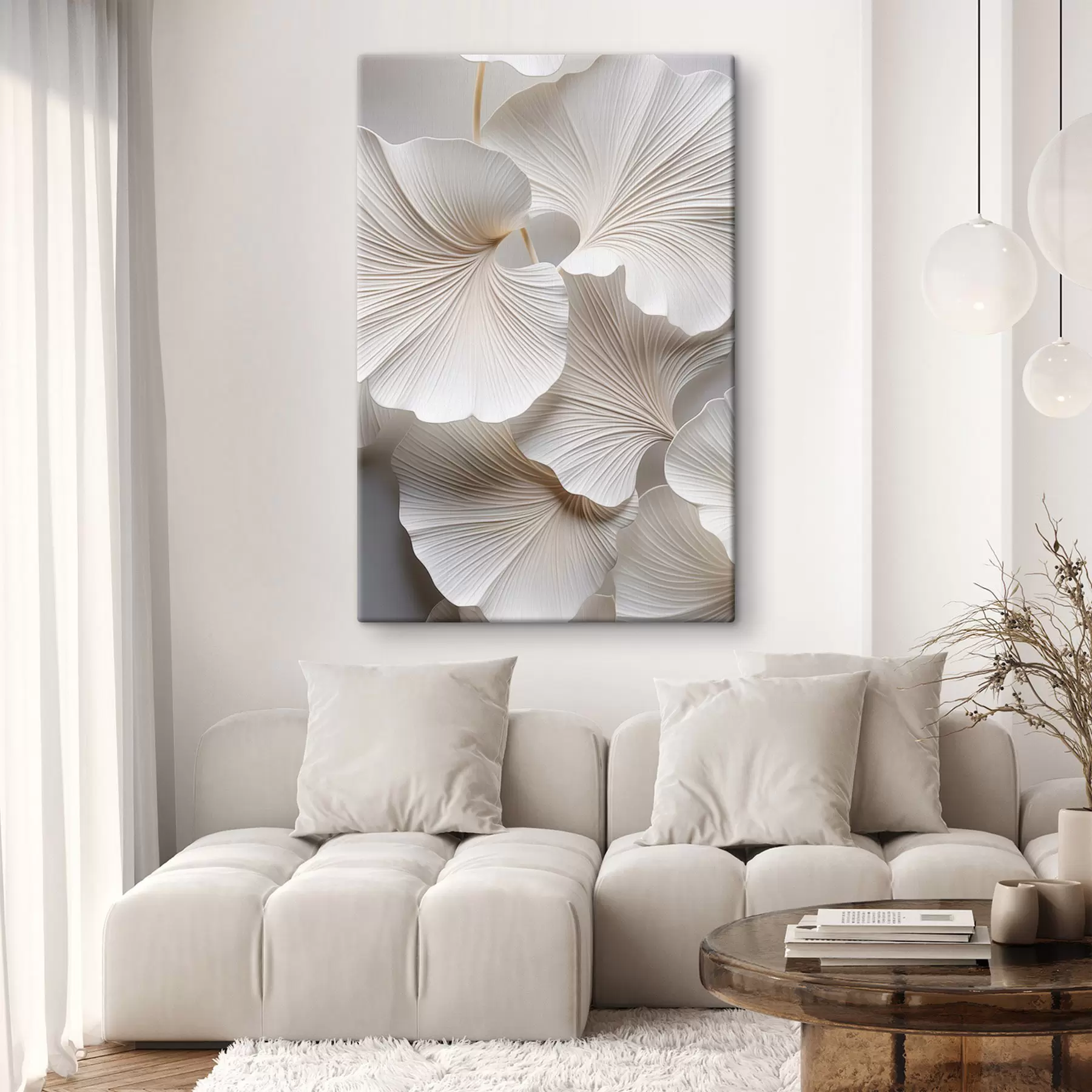 Obraz Biele listy ginkgo biloba s detailnými žilkami, jemným osvetlením, textúrovaným elegantným a minimalistickým dizajnom s46705