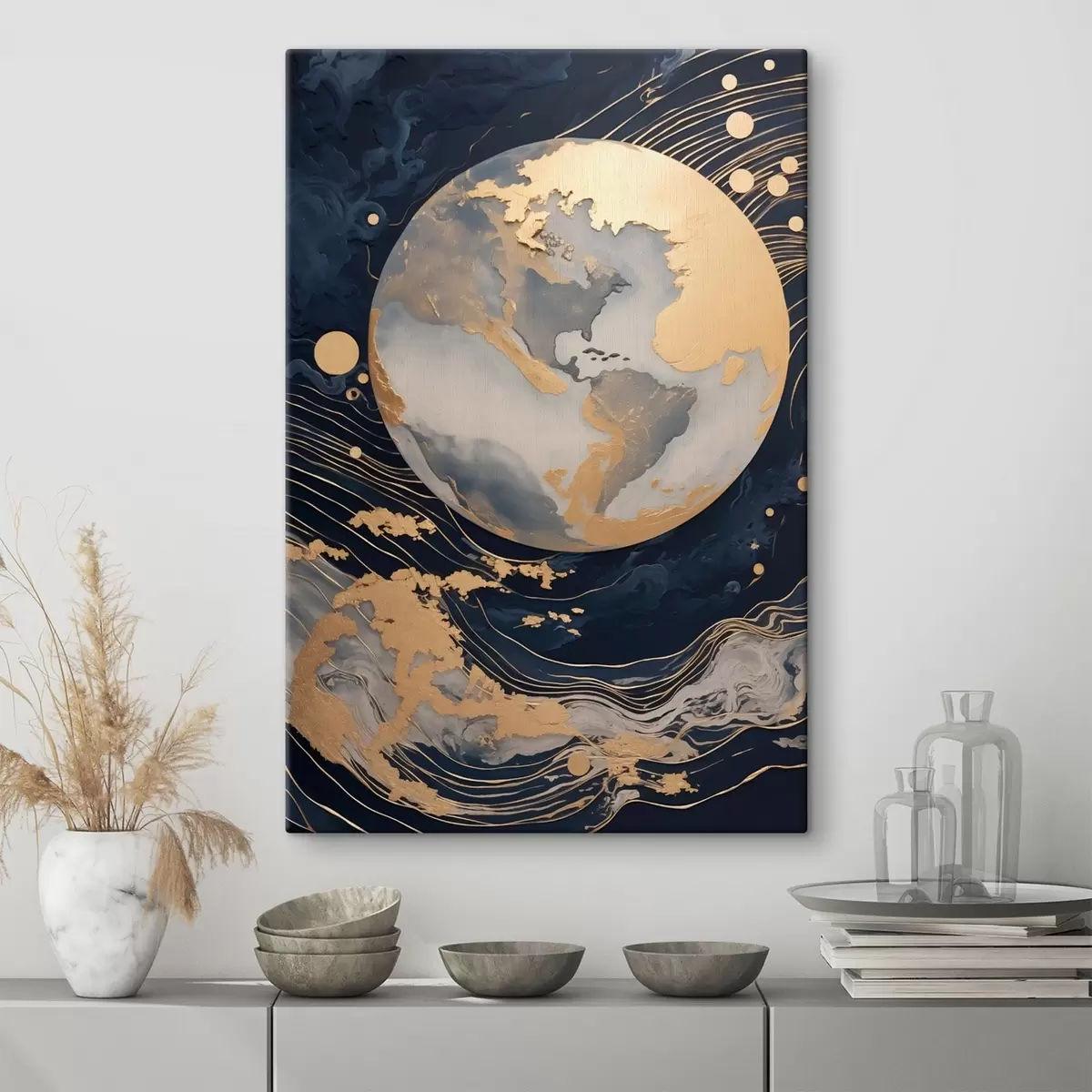 Obraz Textúrovaná dekoratívna planéta so žltými čiarami v pozadí, žltými bodkami v pozadí, tmavým pozadím s46708