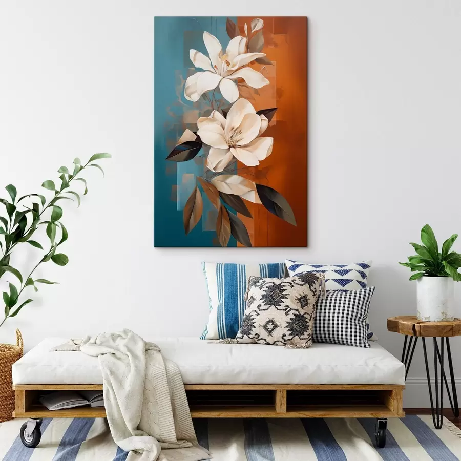 Obraz Abstraktné biele kvety a listy na pozadí hnedých a modrých abstraktných tvarov v minimalistickom štýle s46710