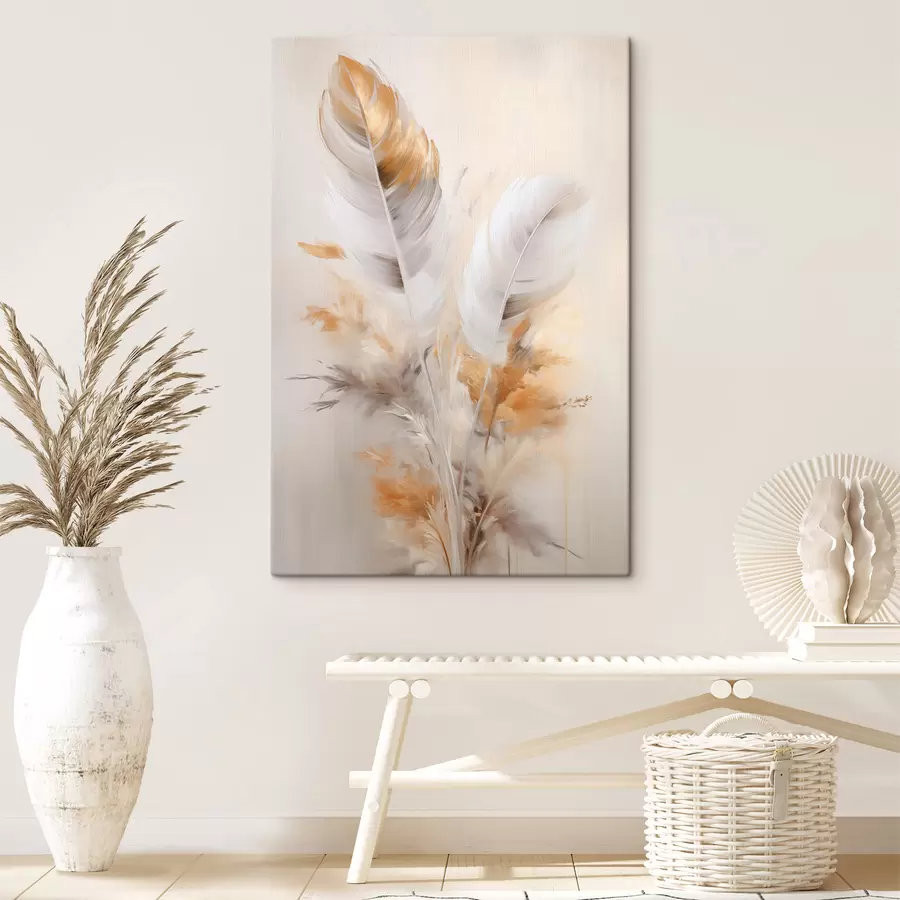 Obraz Abstraktné pierka, obklopené béžovými a hnedými chmýrami, jemné a delikátne, na svetlo béžovom pozadí. s46711