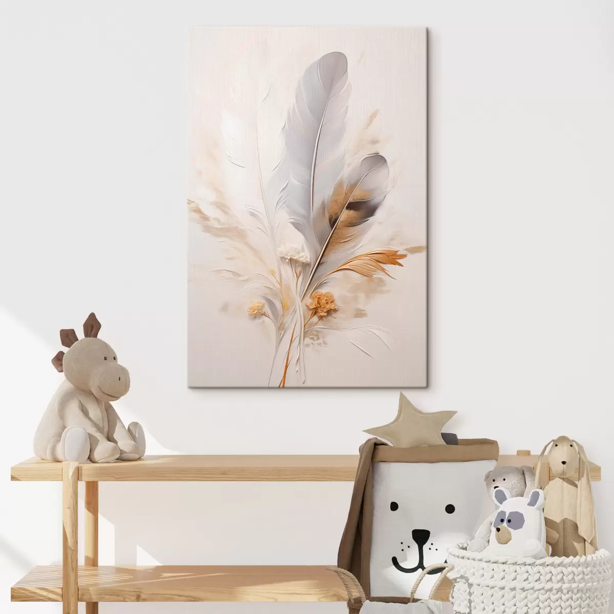 Obraz Abstraktné pierka, obklopené béžovými a hnedými chmýrami, jemné a delikátne, na svetlo béžovom pozadí. s46712