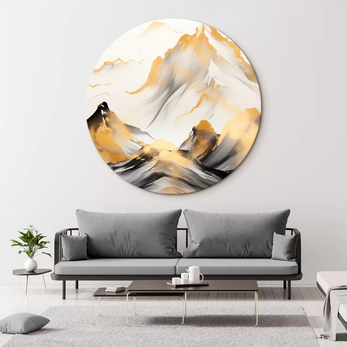 Okrúhle obrazy Textúrované žlté a čierne hory so zasneženými vrcholmi, štýl maľby tušom, minimalistické pohorie r46683