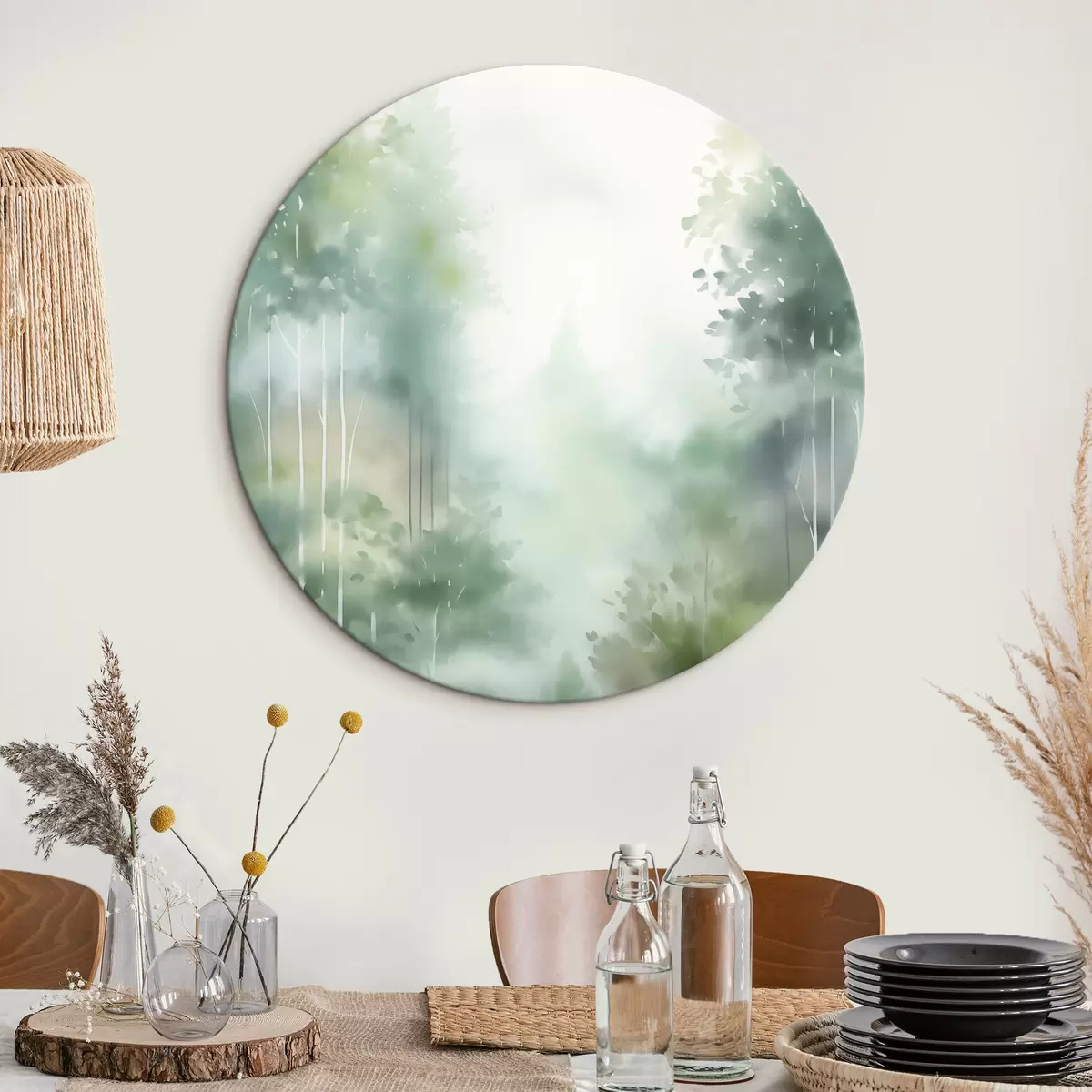 Okrúhle obrazy Akvarelová maľba imitácia abstraktného lesa s vysokými stromami a zeleným lístím, jemné tlmené farby r46689
