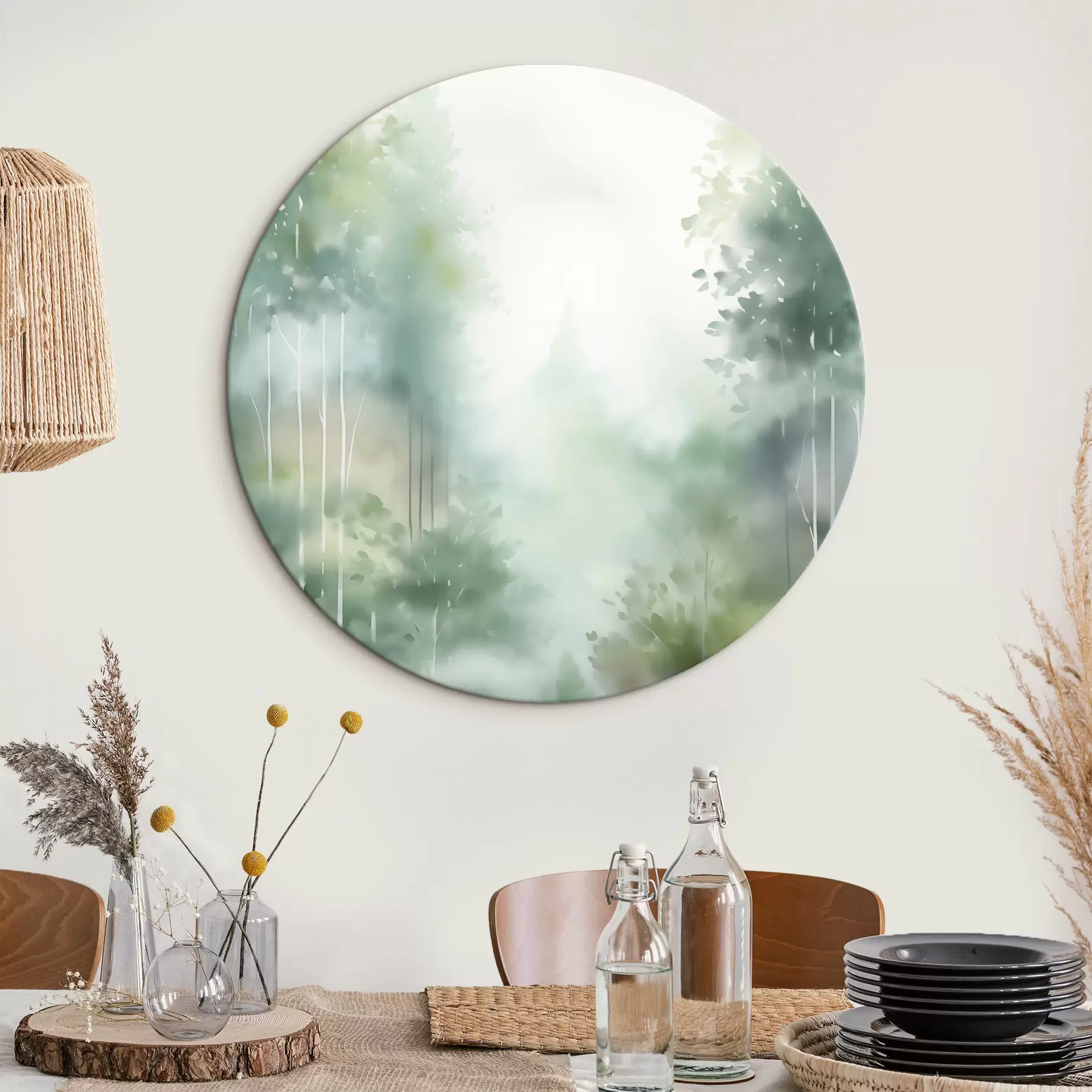 Obraz Akvarelová maľba imitácia abstraktného lesa s vysokými stromami a zeleným lístím, jemné tlmené farby r46689