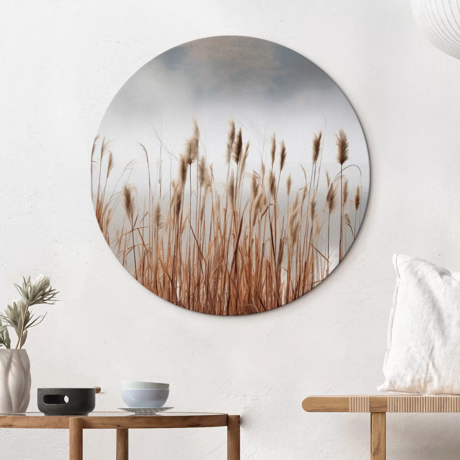 Obraz Vysoké trstiny rastúce vo vode, voda odráža trstiny, hmlisté pozadie, mäkké svetlo, prírodná scéna r46696