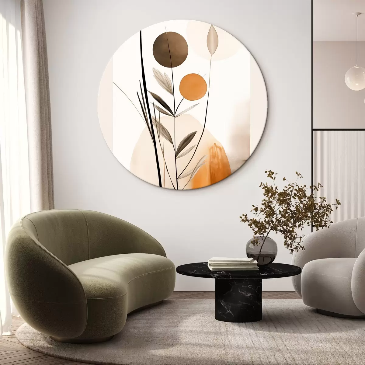 Okrúhle obrazy Abstraktná maľba s oranžovými a sivými kruhmi, listami a vetvami, moderný štýl, akvarelový efekt r46698