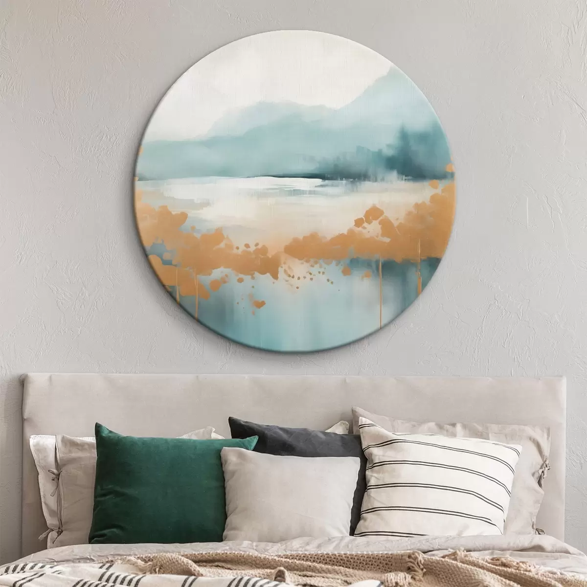 Okrúhle obrazy Abstraktná krajina s horami a jazerom v modrozelenej a textúrovanej žltej farbe, jemné ťahy štetcom, minimalistické umelecké dielo r46703