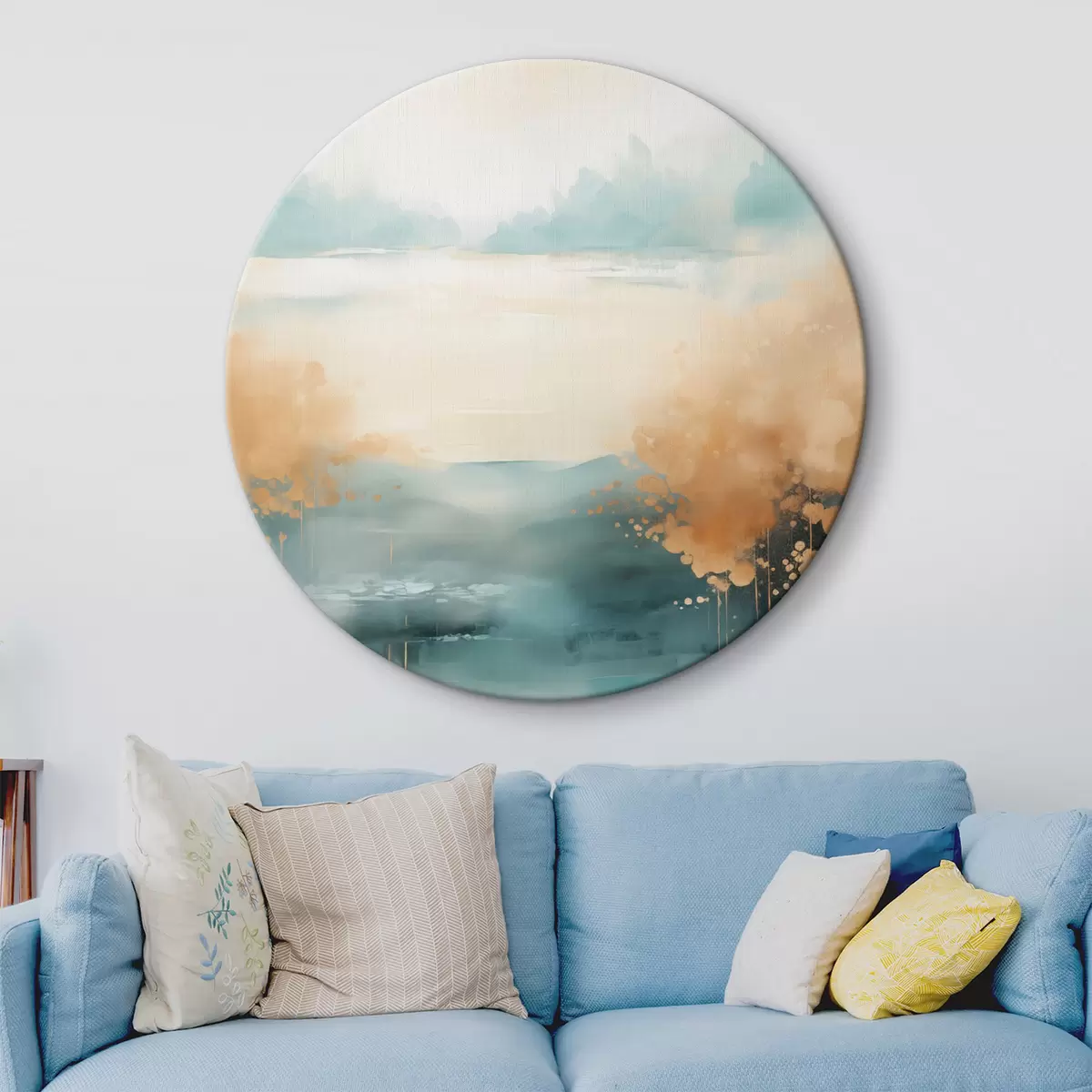 Okrúhle obrazy Abstraktná krajina s horami a jazerom v modrozelenej a textúrovanej žltej farbe, jemné ťahy štetcom, minimalistické umelecké dielo r46704